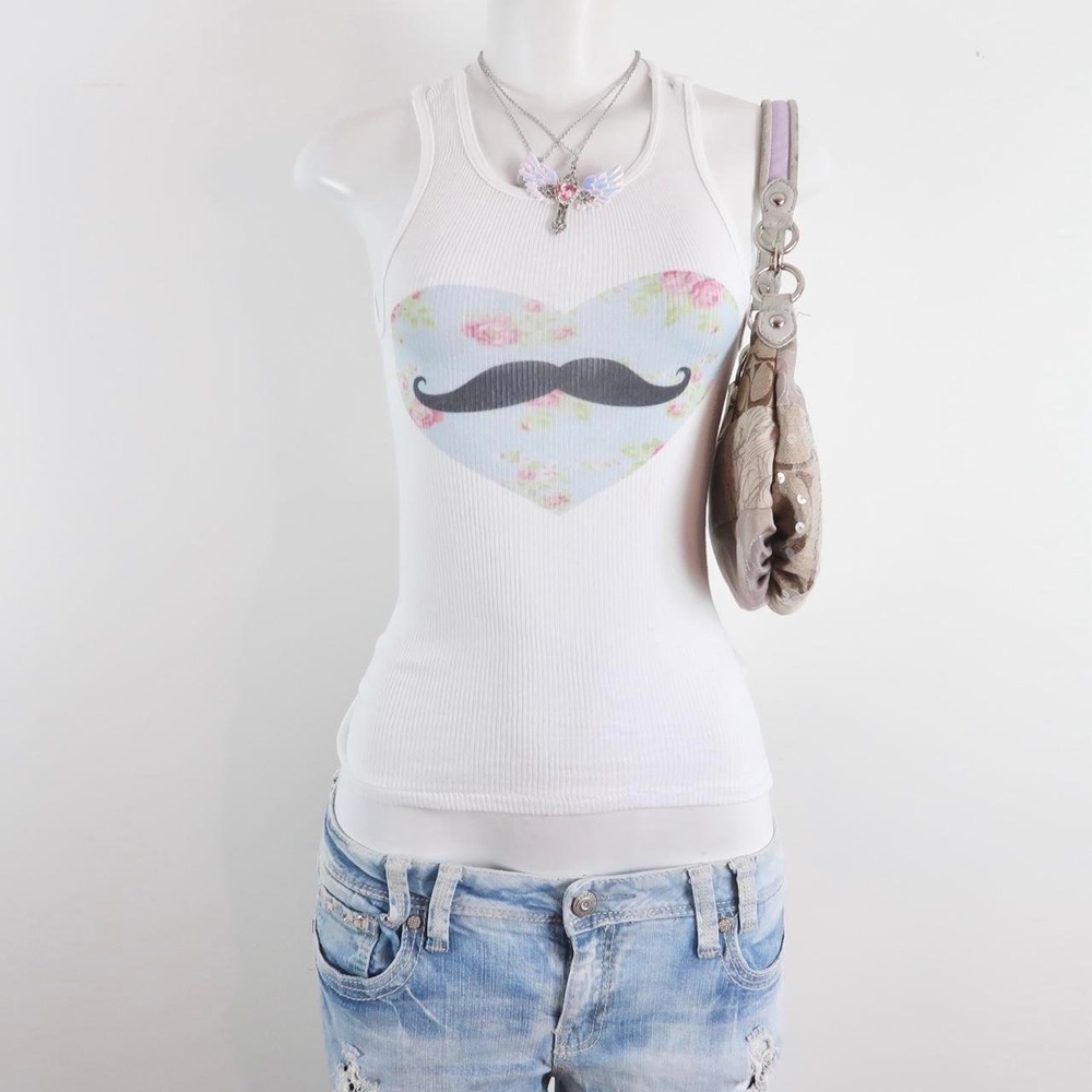 y2k white mustache heart tank top